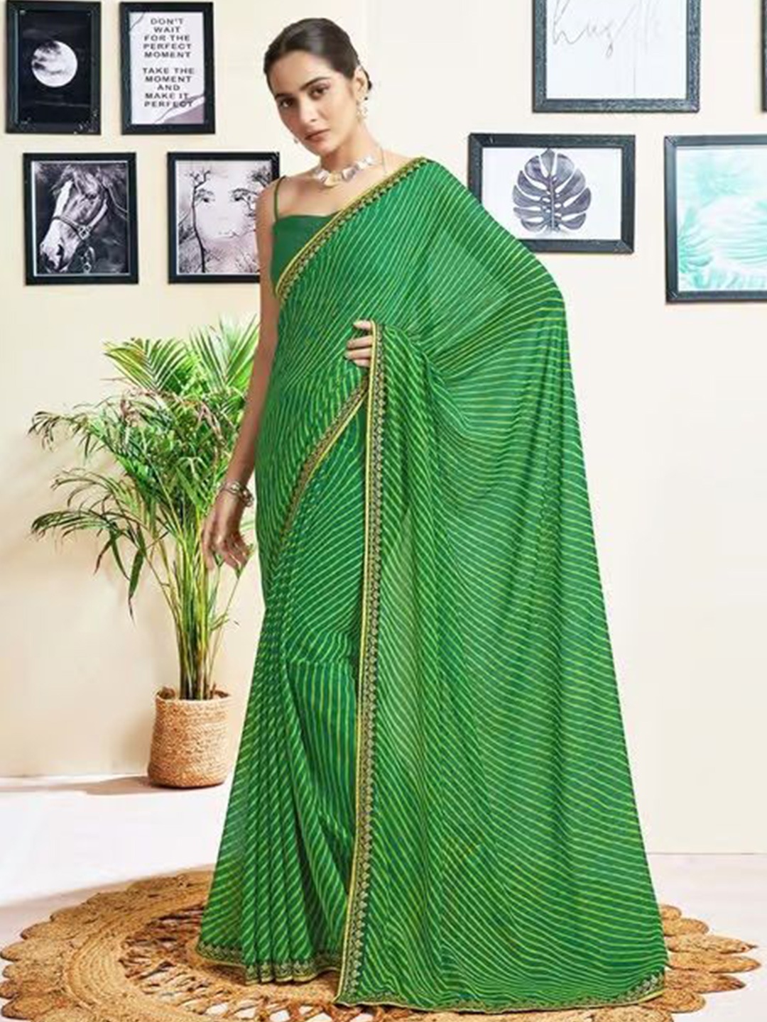 

Styleveda Leheriya Printed Embroidered Pure Georgette Bandhani Saree, Green