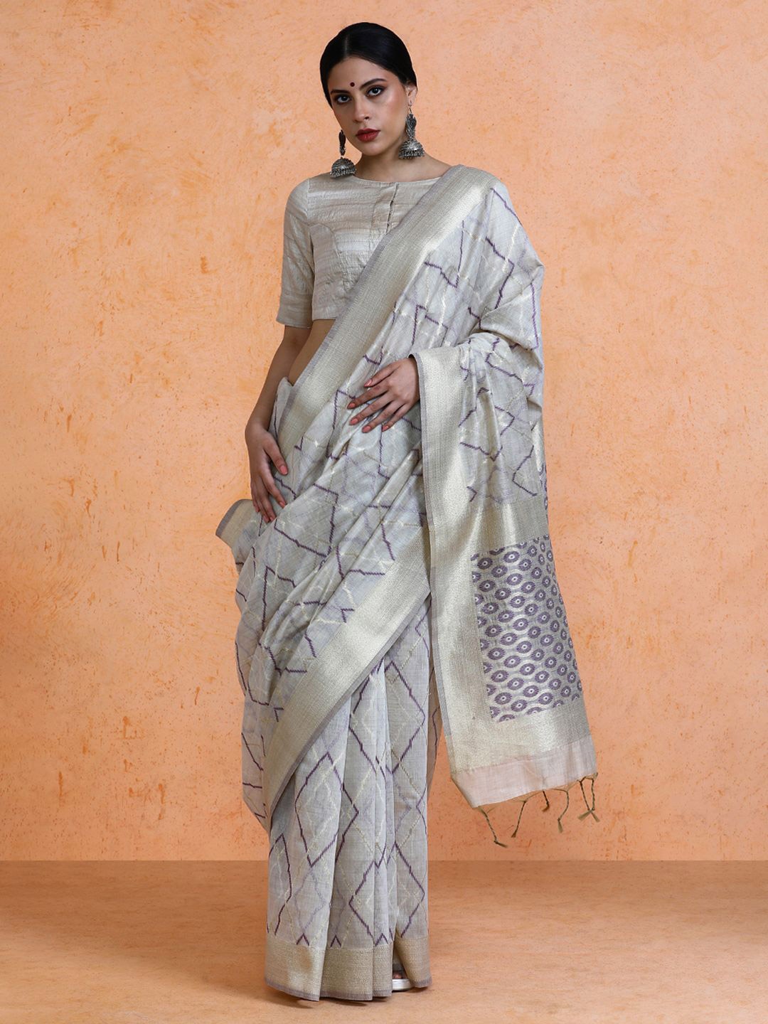 

SARHA Woven Design Muga Cotton Saree, Beige