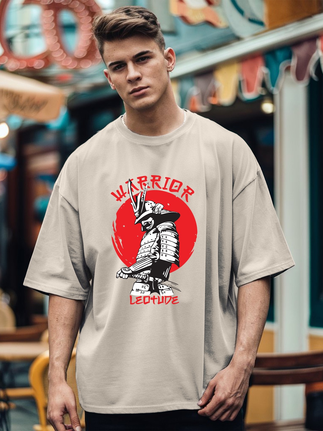 

Leotude Men Graphic Printed Round Neck Cotton Relaxed Fit T-shirt, Beige