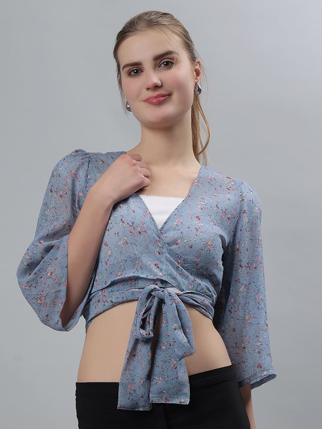 

ETRAANA Floral Printed V-Neck Bralette Crop Top, Blue