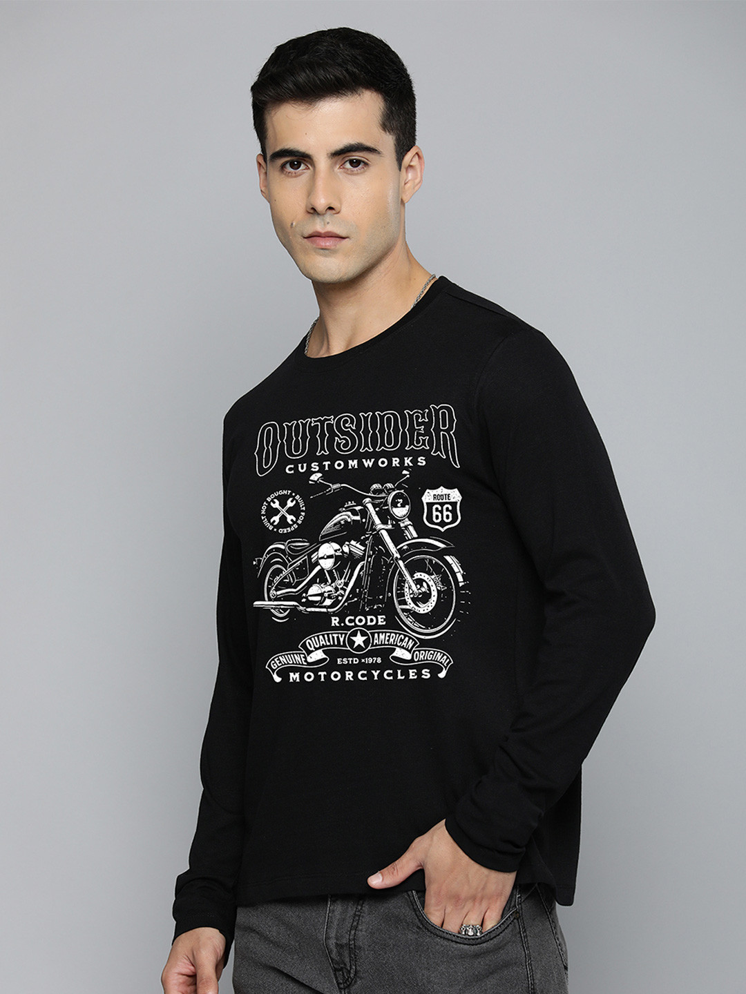 

R.Code by The Roadster Life Co. Men Typography Printed Raw Edge T-shirt, Black