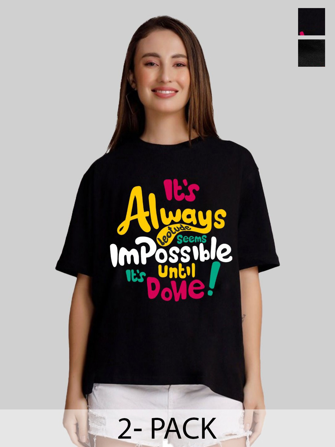 

Leotude Women Pack Of 2 Typography Printed Round Neck Cotton Oversized T-shirts, Black