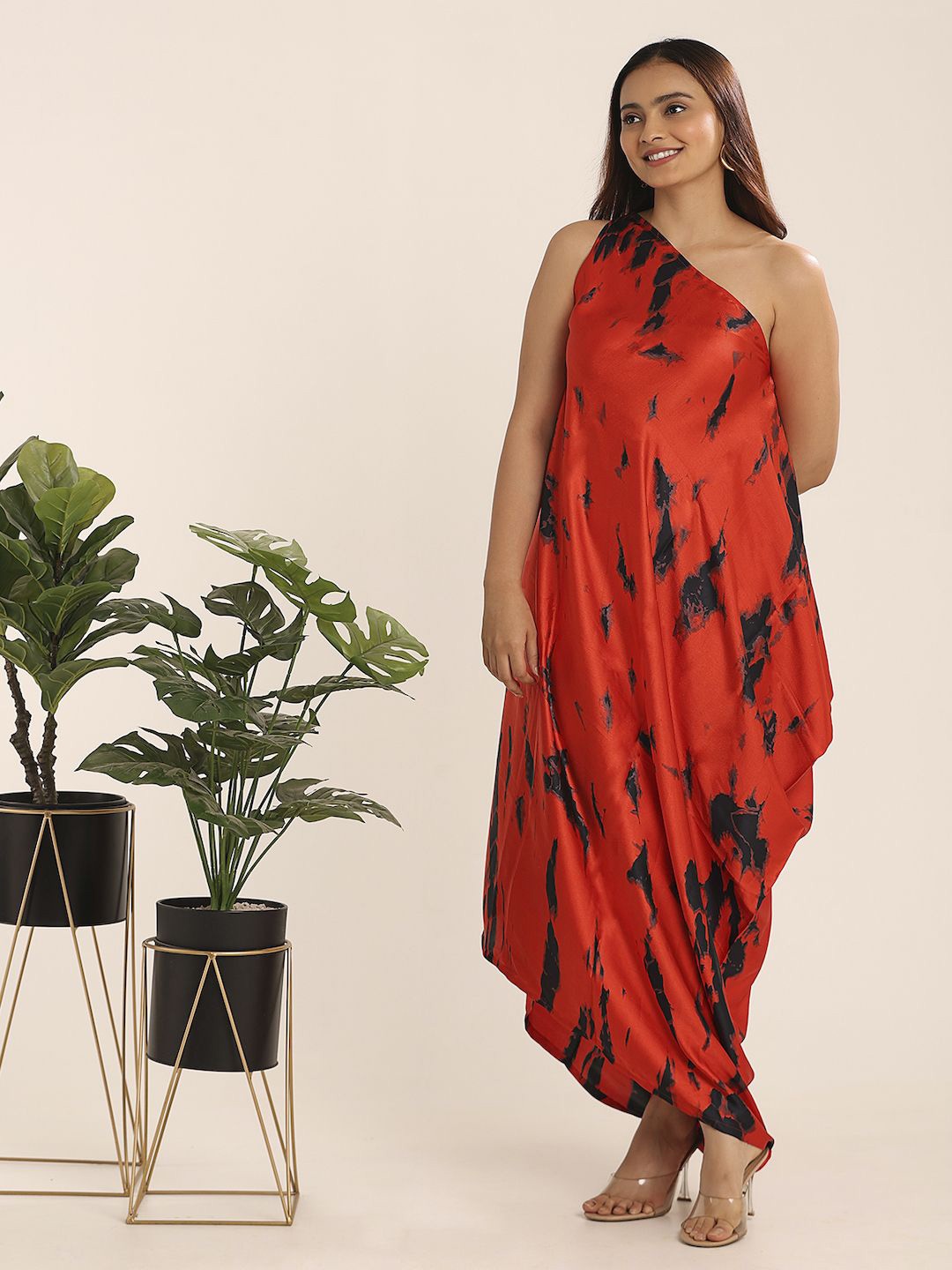 

THE BLESSED WARDROBE Printed One Shoulder Asymmetric Hem Maxi Dress, Red