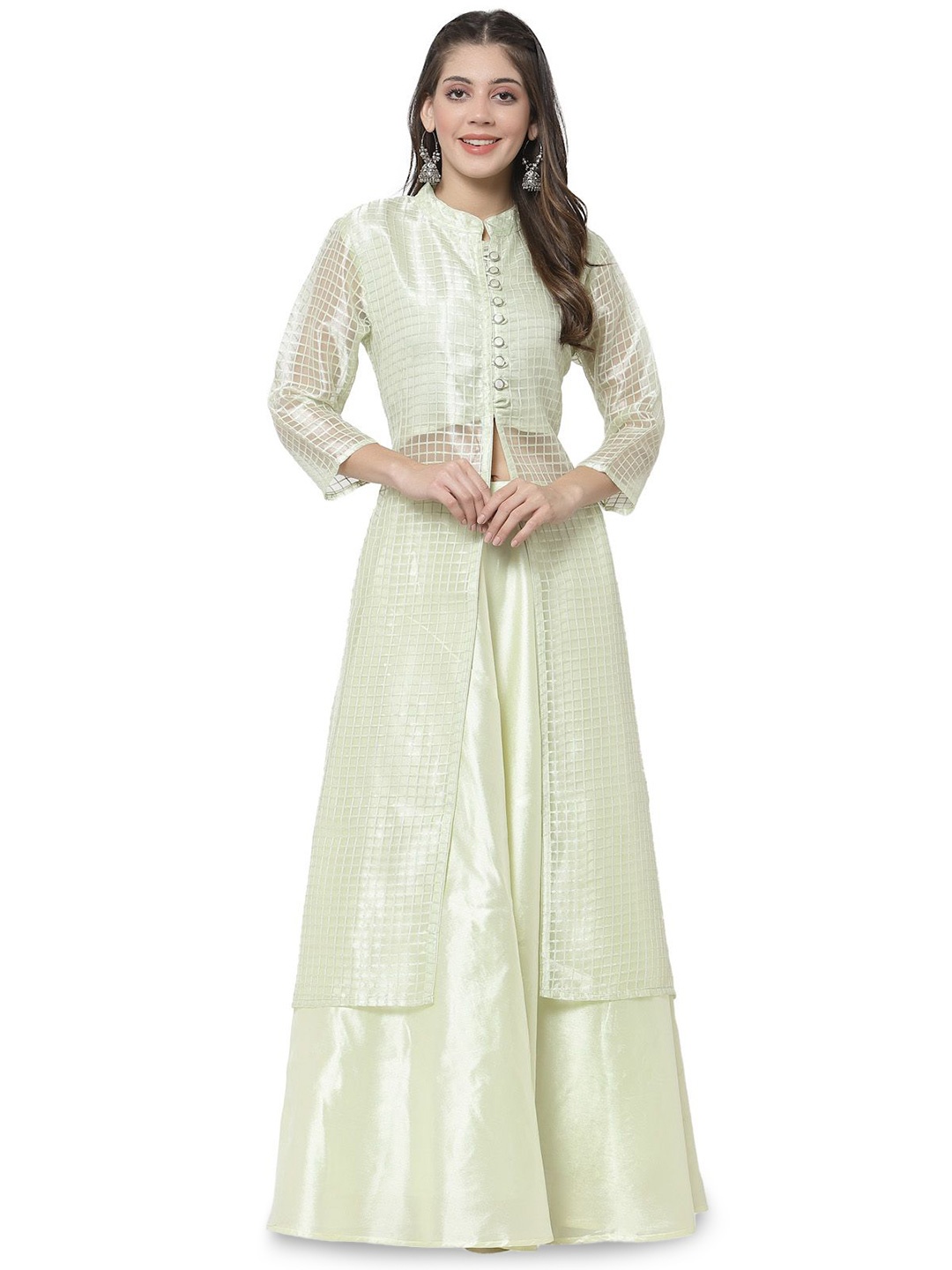 

DELIS Checked Woven Design Mandarin Collar Lehenga & Choli, Green