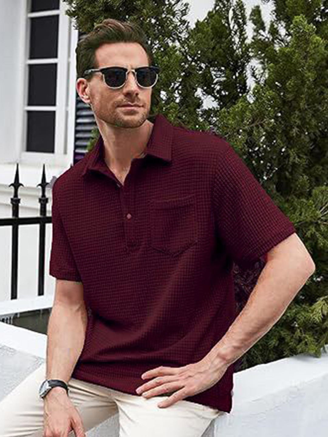 

Colorchakra Men Henley Neck Pockets T-shirt, Burgundy