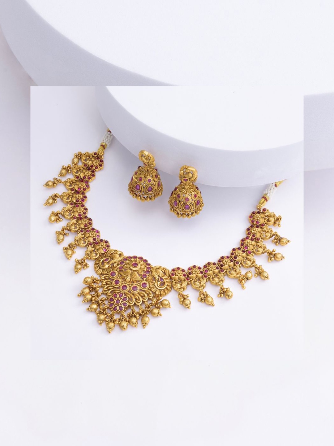 

South Temple Jewellery Gold-Plated Ruby Stones Studded Jewellery Set