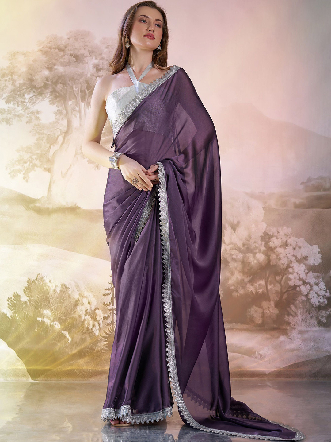 

MAHALASA Embroidered Satin Saree, Purple