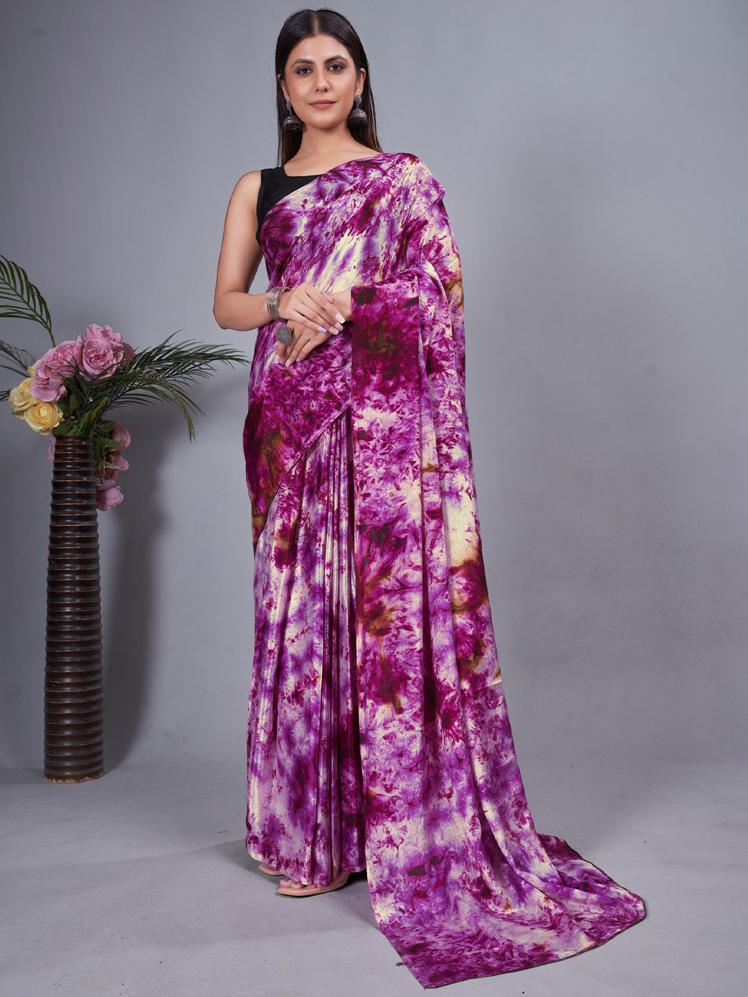 

LeeliPeeri Designer Tie and Dye Dyed Ready to Wear Saree, Purple