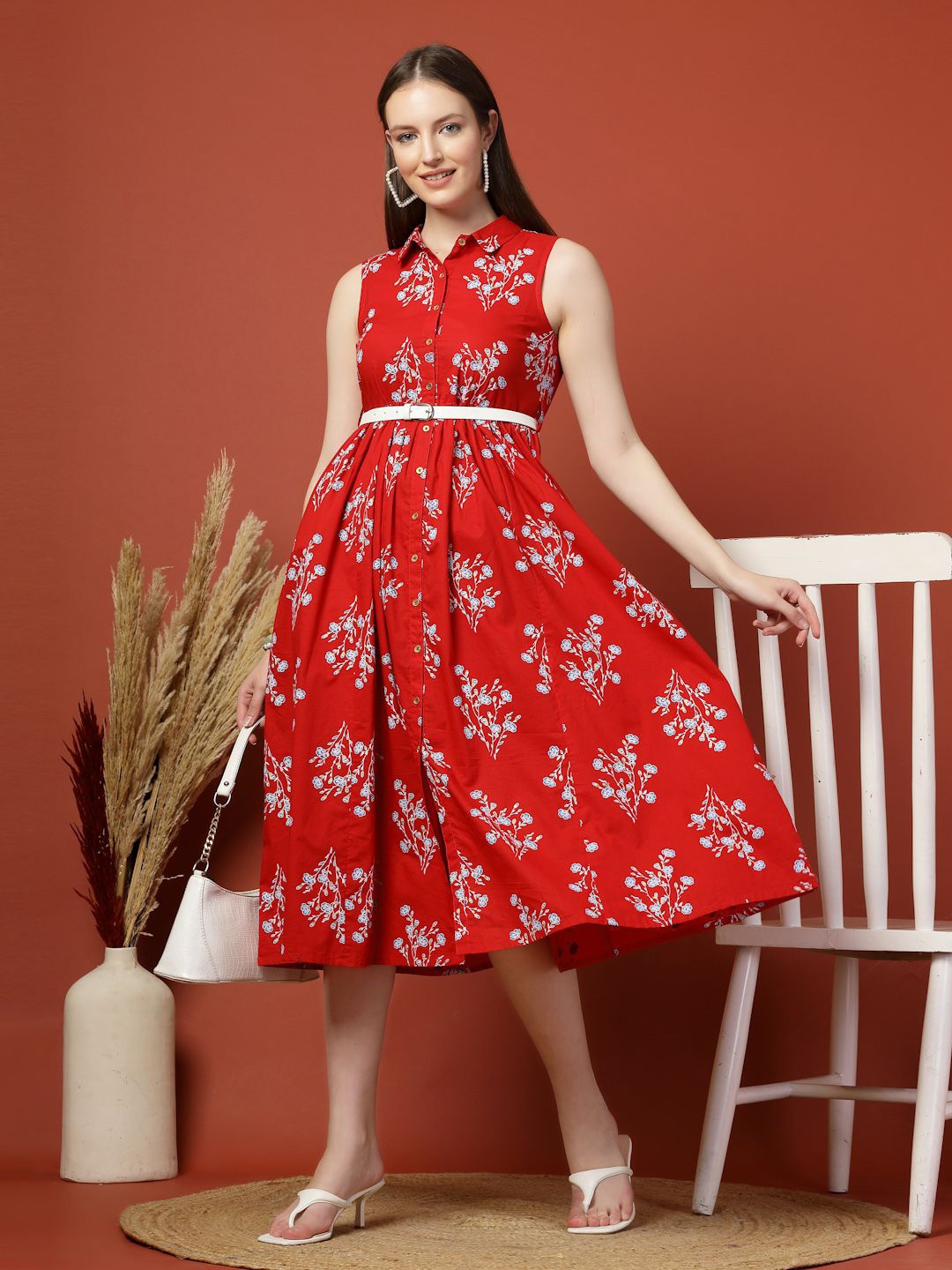 

all about you Women's Floral Print Fit & Flare Cotton Midi Dress, Red