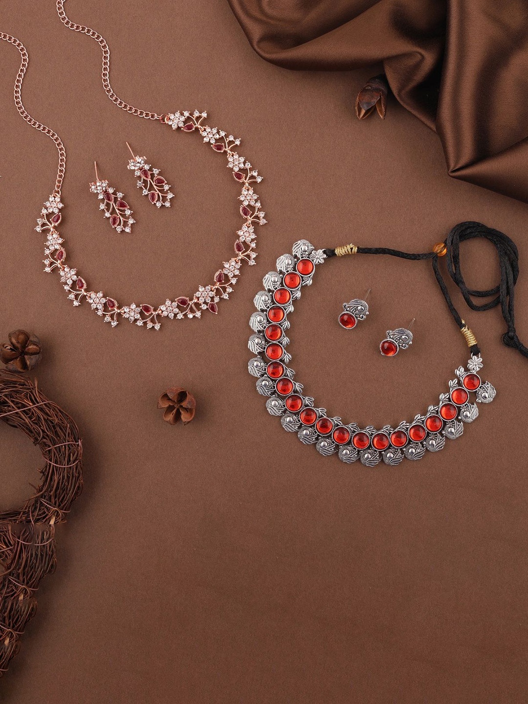 

Lyriss Set Of 2 Rose Gold & Silver Plated AD Stone Studded Jewellery Sets