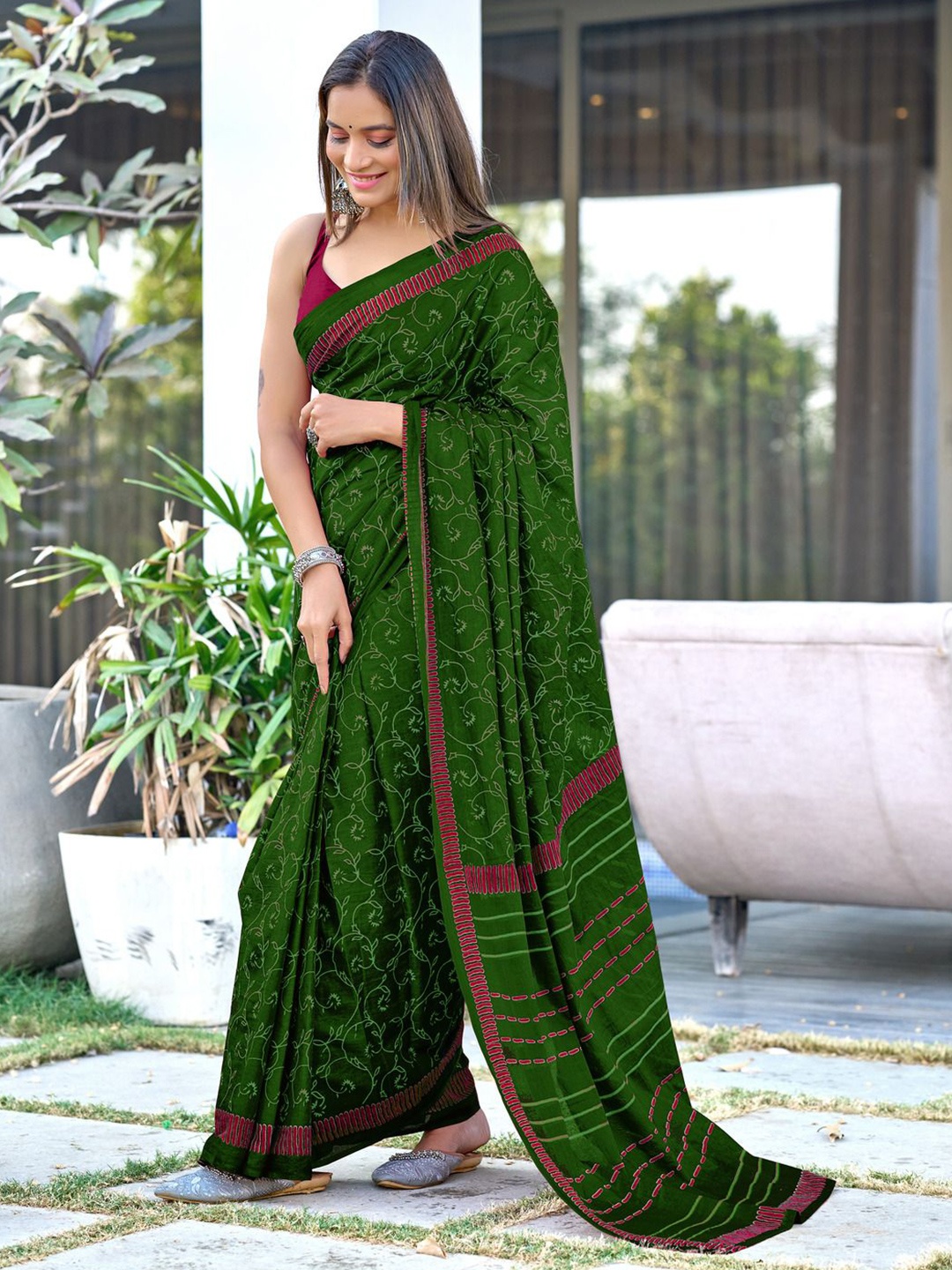 

Anouk Ethnic Motifs Printed Pure Cotton Ready to Wear Saree, Green
