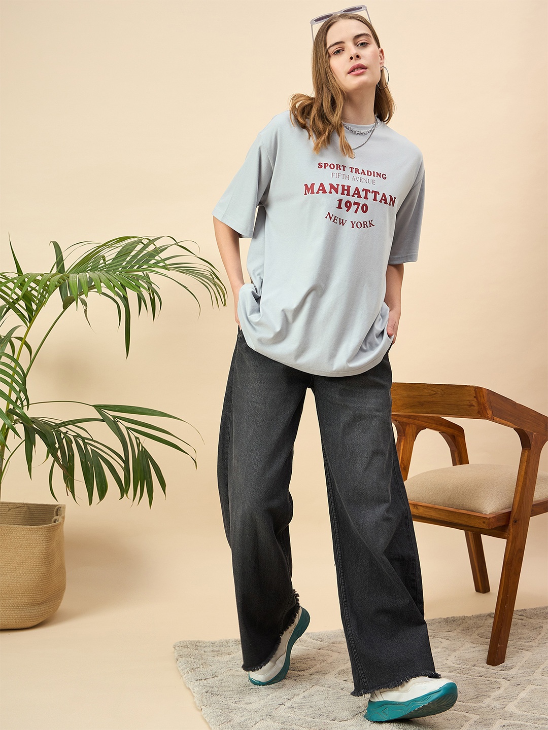 

Mast & Harbour Women Printed Drop-Shoulder Sleeves T-shirt, Grey