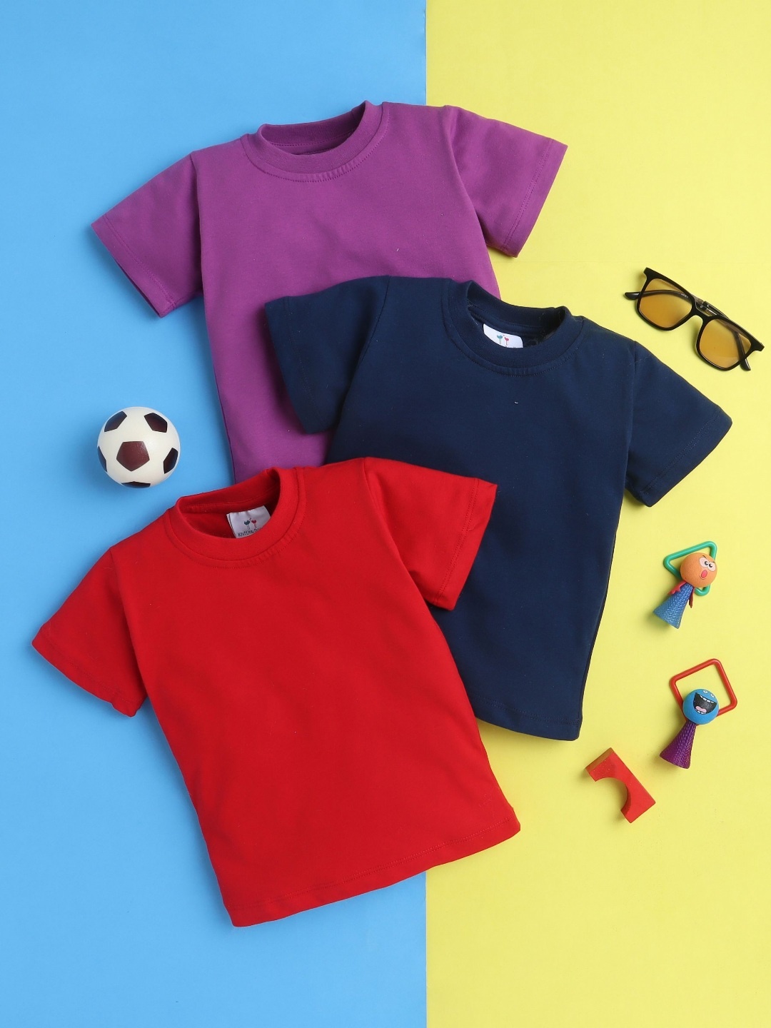 

Knitting Doodles Boys Pack of 3 Solid Round Neck Cotton T-shirts, Purple