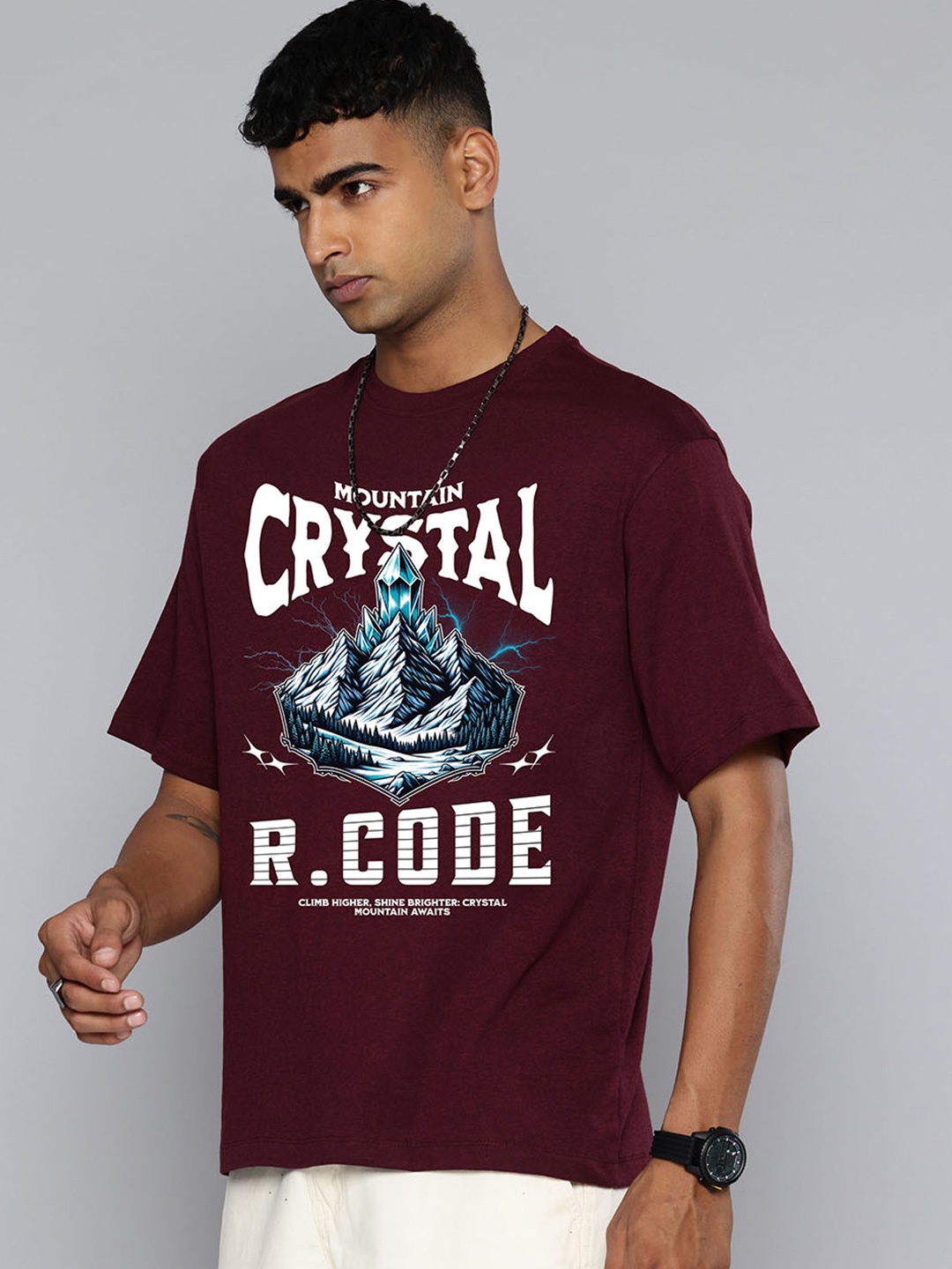 

R.Code by The Roadster Lifestyle Co. Men Graphic Printed Cotton Relaxed Fit T-shirt, Burgundy