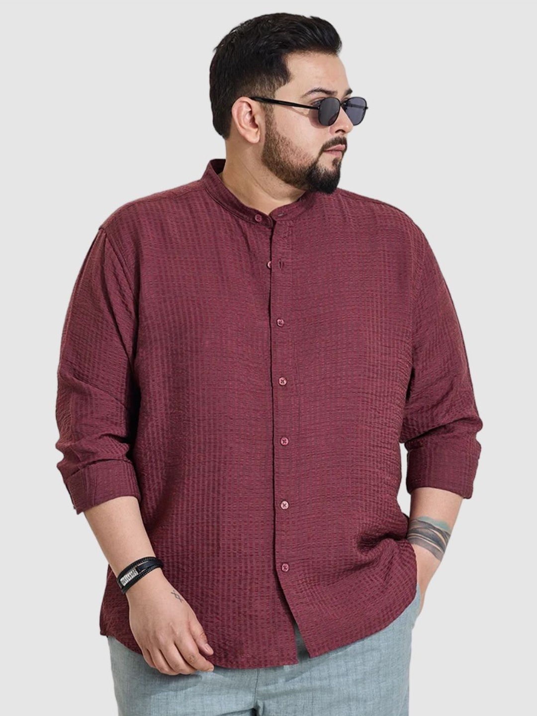 

Snitch Men Plus Size Classic Regular Fit Band Collar Textured Casual Shirt, Maroon