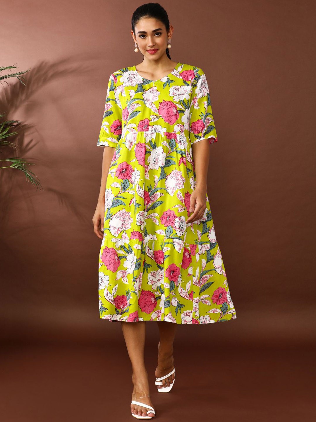 

Jaipur Kurti Women Floral Printed A-Line Tiered Dress, Green
