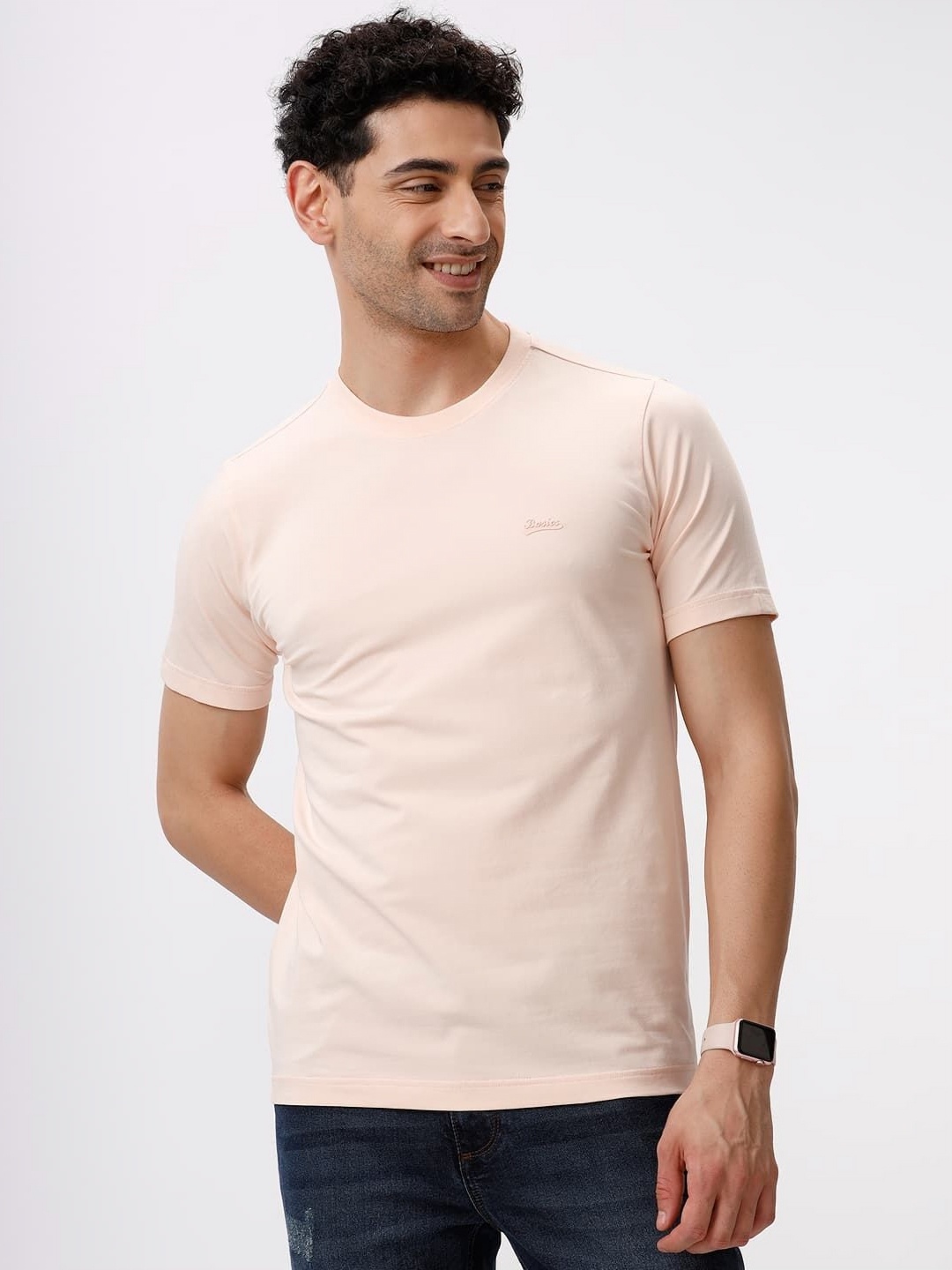 

Basics Men Solid Round Neck Cotton Slim Fit Regular Fit T-shirt, Peach