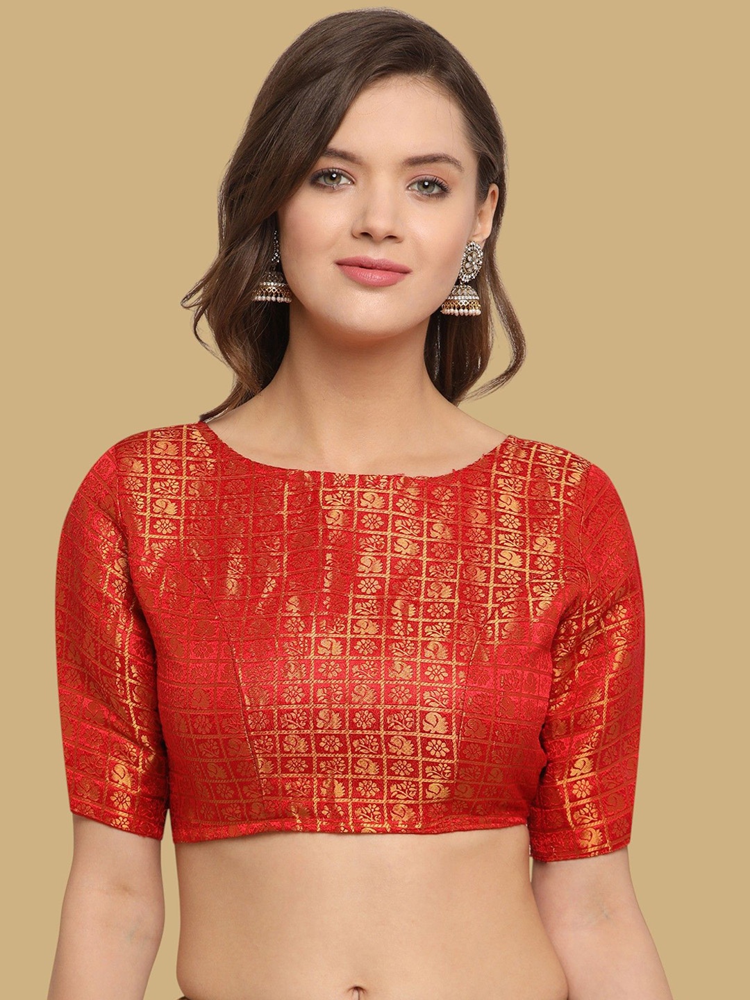 

Oomph! Woven Design Boat Neck Jacquard Saree Blouse, Red