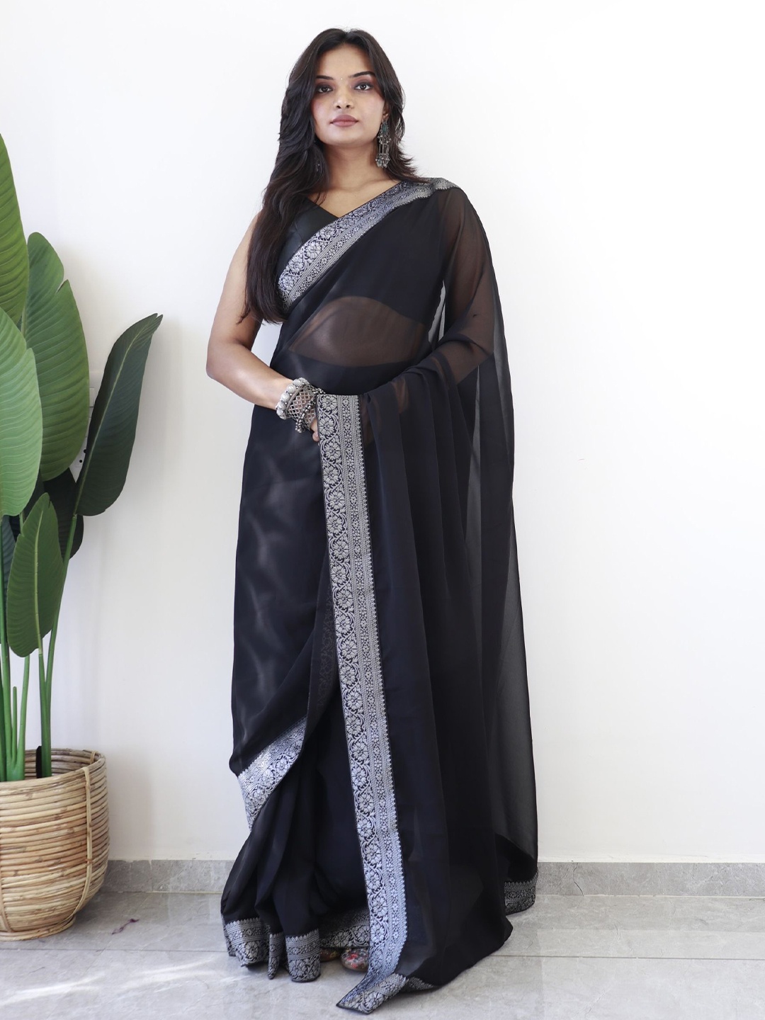 

LeeliPeeri Designer Women Ready to Wear Saree With Unstitched Blouse Piece, Black