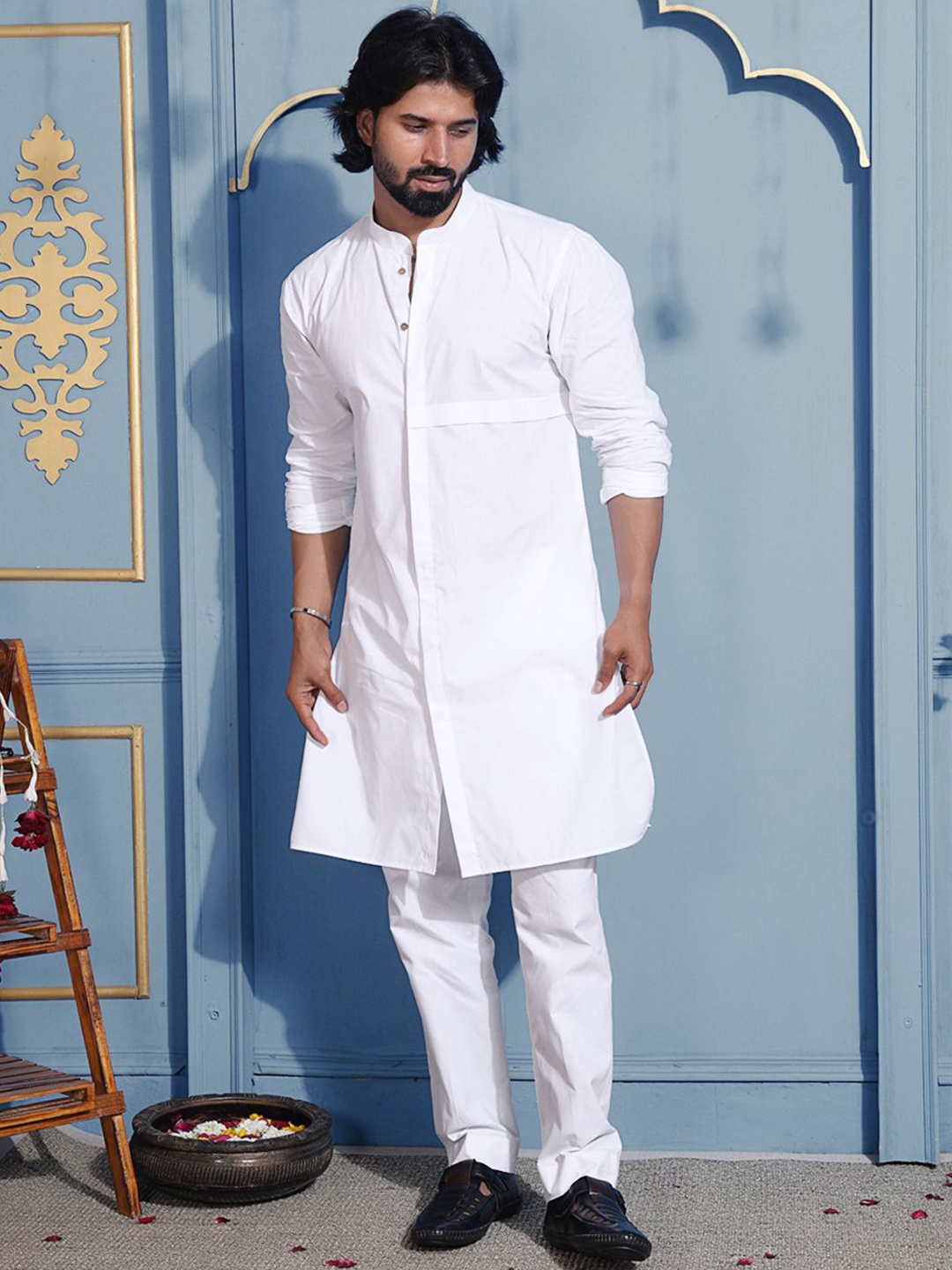 

MIDAV Men Thread Work White Romance Pathani Kurta