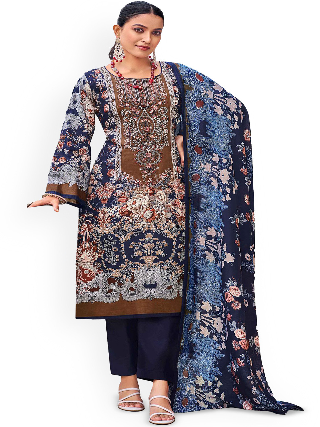 

DRAVINAM Trends Embroidered Pure Cotton Unstitched Dress Material, Blue