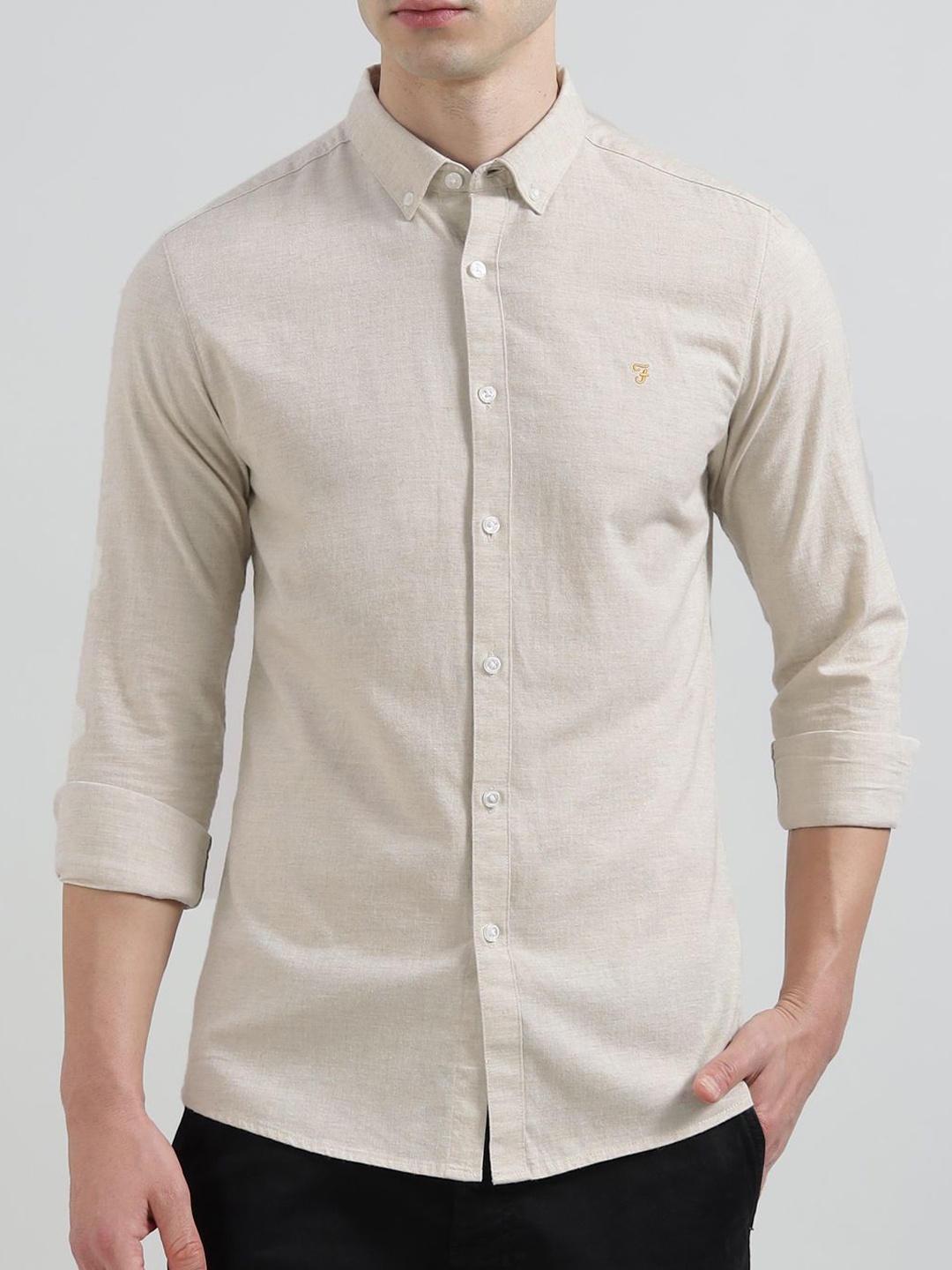 

Farah Men Slim Fit Button-Down Collar Solid Cotton Casual Shirt, Beige