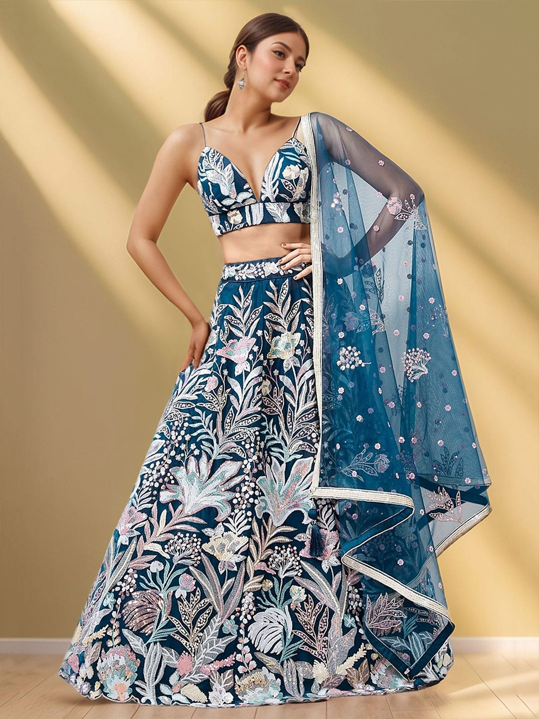 

FABPIXEL Embroidered Sequinned Semi-Stitched Lehenga & Unstitched Blouse With Dupatta, Blue