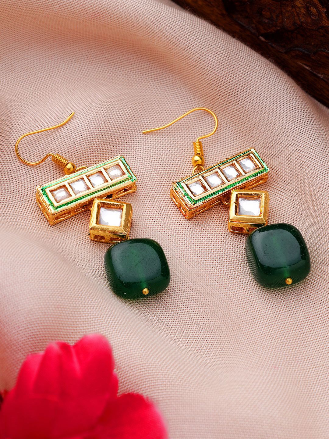 

AARSEE OFFICIAL Anti-Tarnish 22KT Gold Plated Geometric Green Earrings