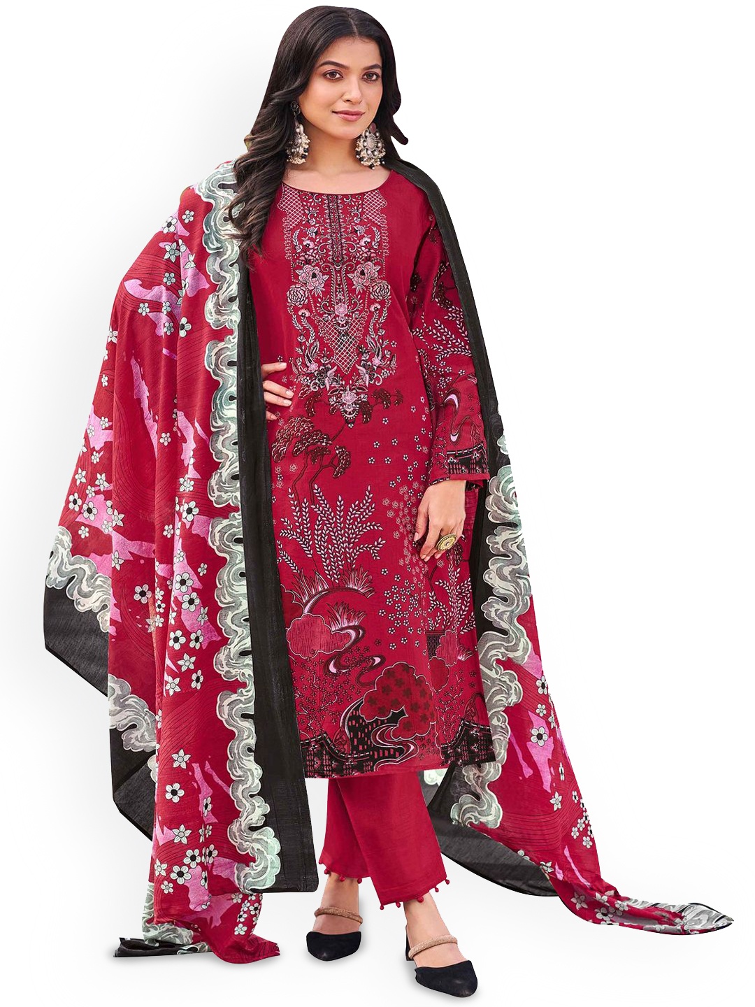 

DRAVINAM Trends Floral Embroidered Thread Work Pure Cotton Unstitched Dress Material, Red