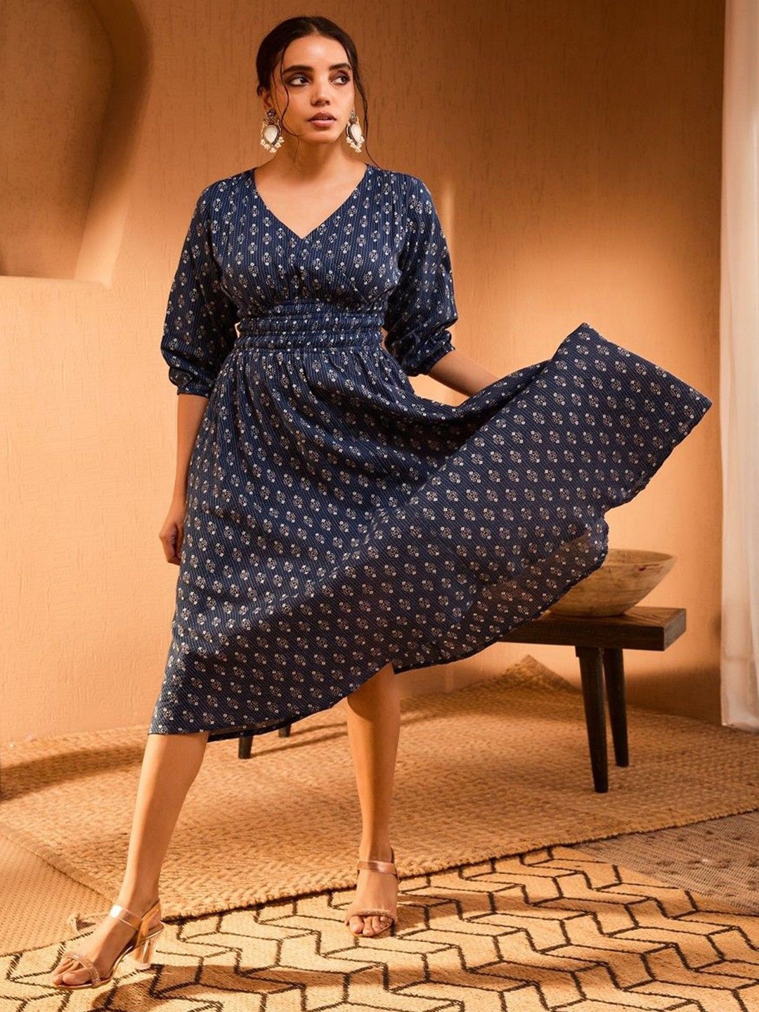 

Raiyani Fashion Ethnic Motifs Print Crepe Fit & Flare Midi Dress, Navy blue