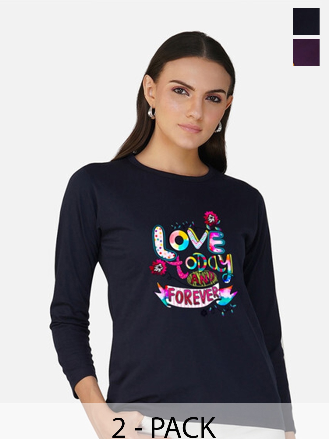 

Metronaut Women 2 Printed Bio Finish Applique T-shirt, Navy blue