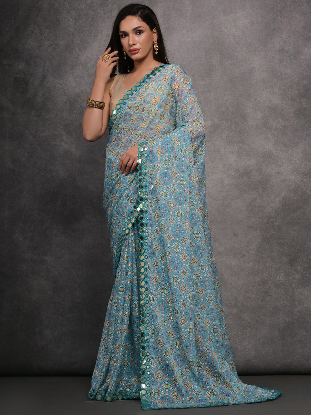 

LeeliPeeri Designer Poly Georgette Bandhani Printed Mirror Work Designer Saree, Blue