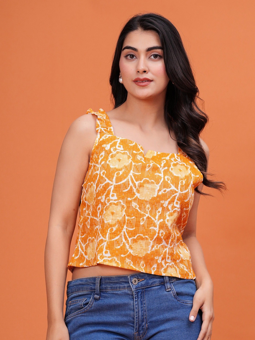

UT Venero Women Floral Printed Sweetheart Neck Cotton Top, Yellow