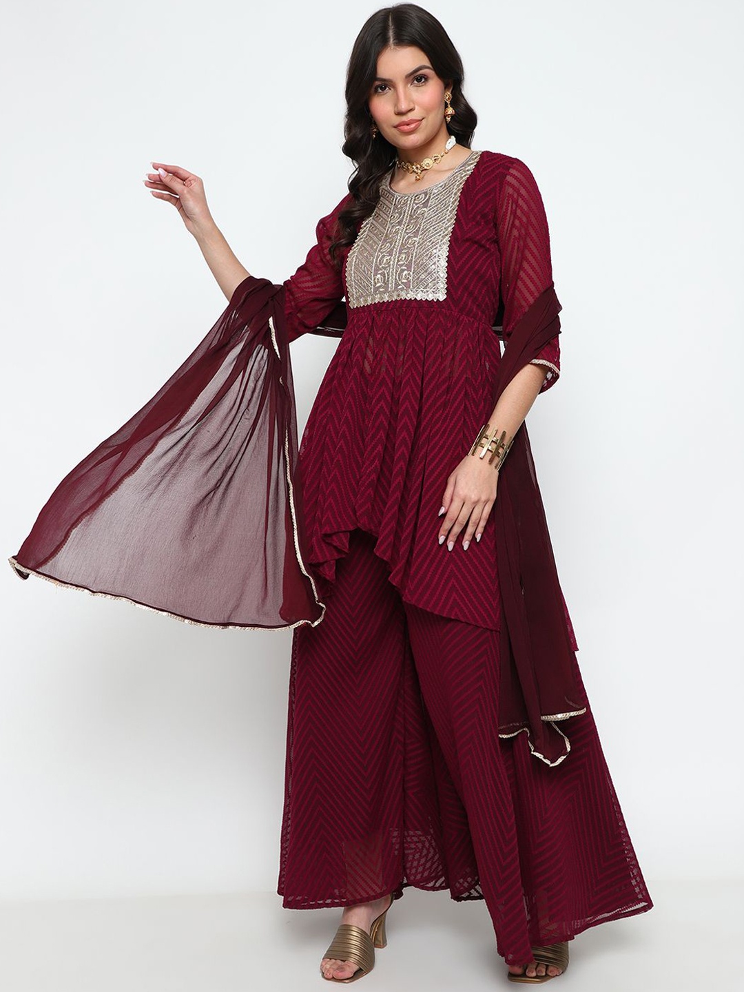 

AURIELLA Ethnic Motifs Yoke Design Round Neck Zari Anarkali Kurta With Sharara & Dupatta, Burgundy