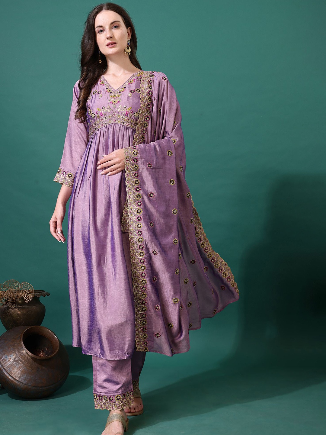 

KALINI Ethnic Motifs Embroidered Thread Work V-Neck Anarkali Kurta With Palazzos & Dupatta, Purple