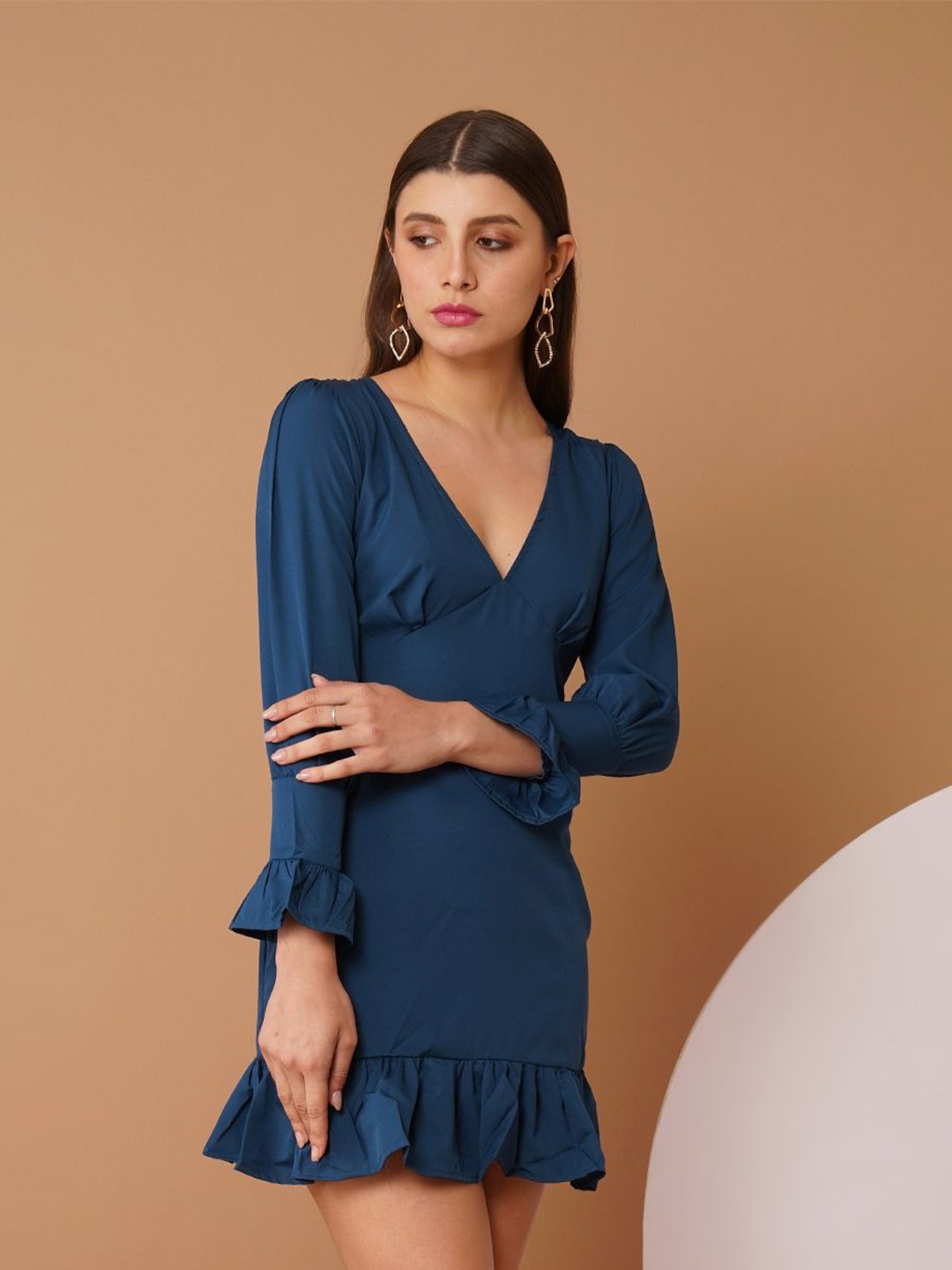 

Chemistry V-Neck Bell Sleeves Crepe Drop-Waist Mini Dress, Navy blue