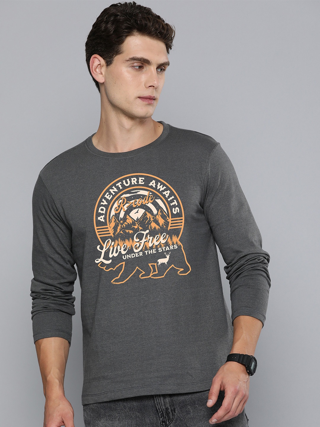 

R.Code by The Roadster Life Co. Men Typography Printed Raw Edge T-shirt, Steel