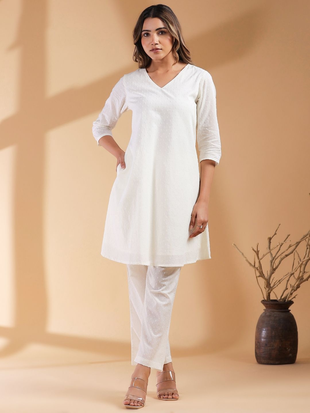 

Janasya Dobby Pure Cotton Self Design V-Neck A-line Co-ords Set, Off white