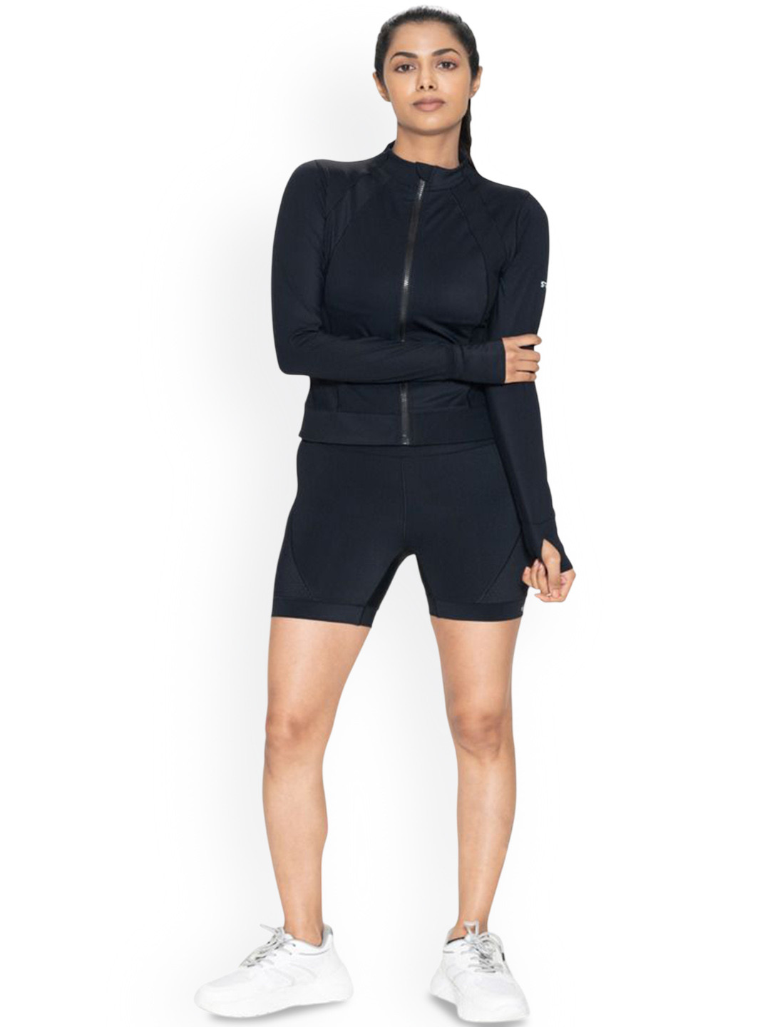 

STRCH Women Camouflage Nylon Lightweight Training or Gym Biker Jacket with Patchwork, Black