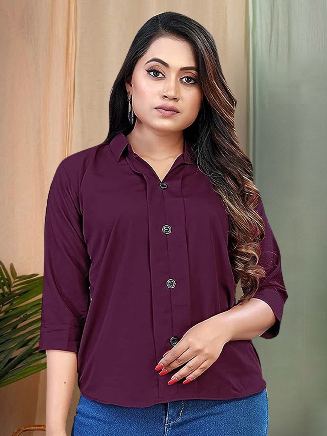 

Moda Rapido Solid Maroon Shirt Collar Shirt Style Top