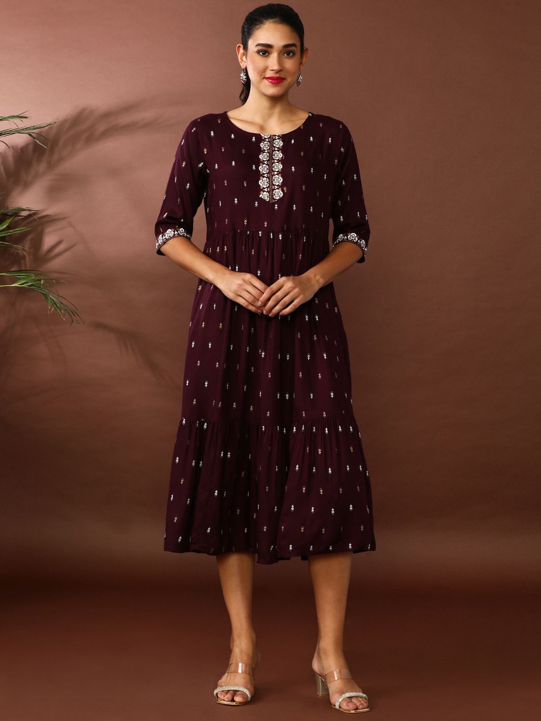 

Jaipur Kurti Women Floral Printed A-Line Midi Ethnic Dress, Maroon