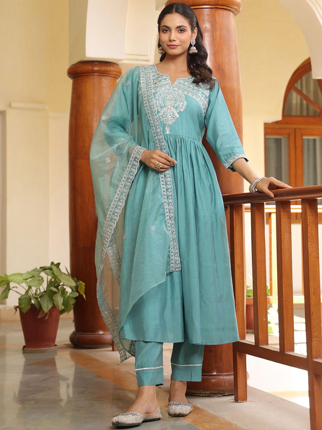 

AURIELLA Ethnic Motifs Embroidered Notch Neck A-Line Kurta with Trousers & Dupatta, Turquoise blue