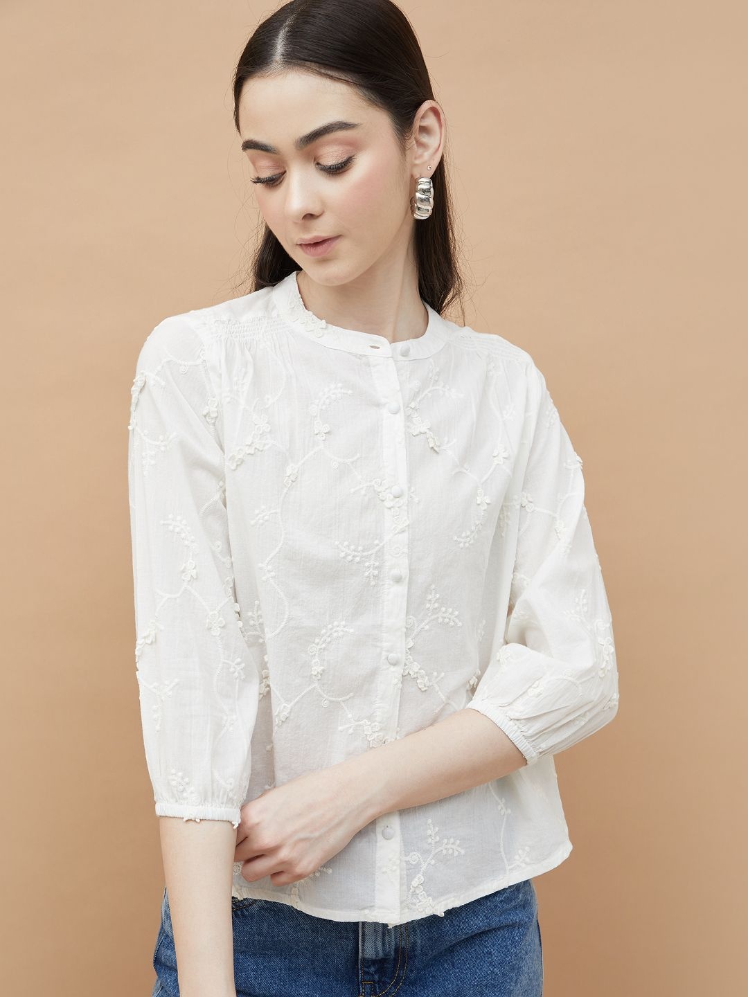 

Fame Forever by Lifestyle Embroidered Cotton Top, Beige