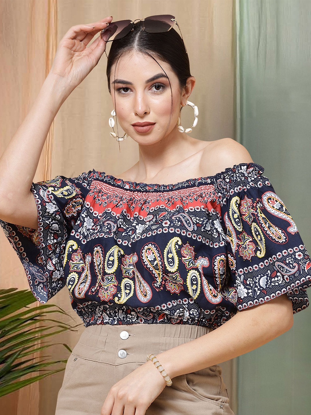 

Moda Rapido Women Floral Printed Off-Shoulder Top, Navy blue