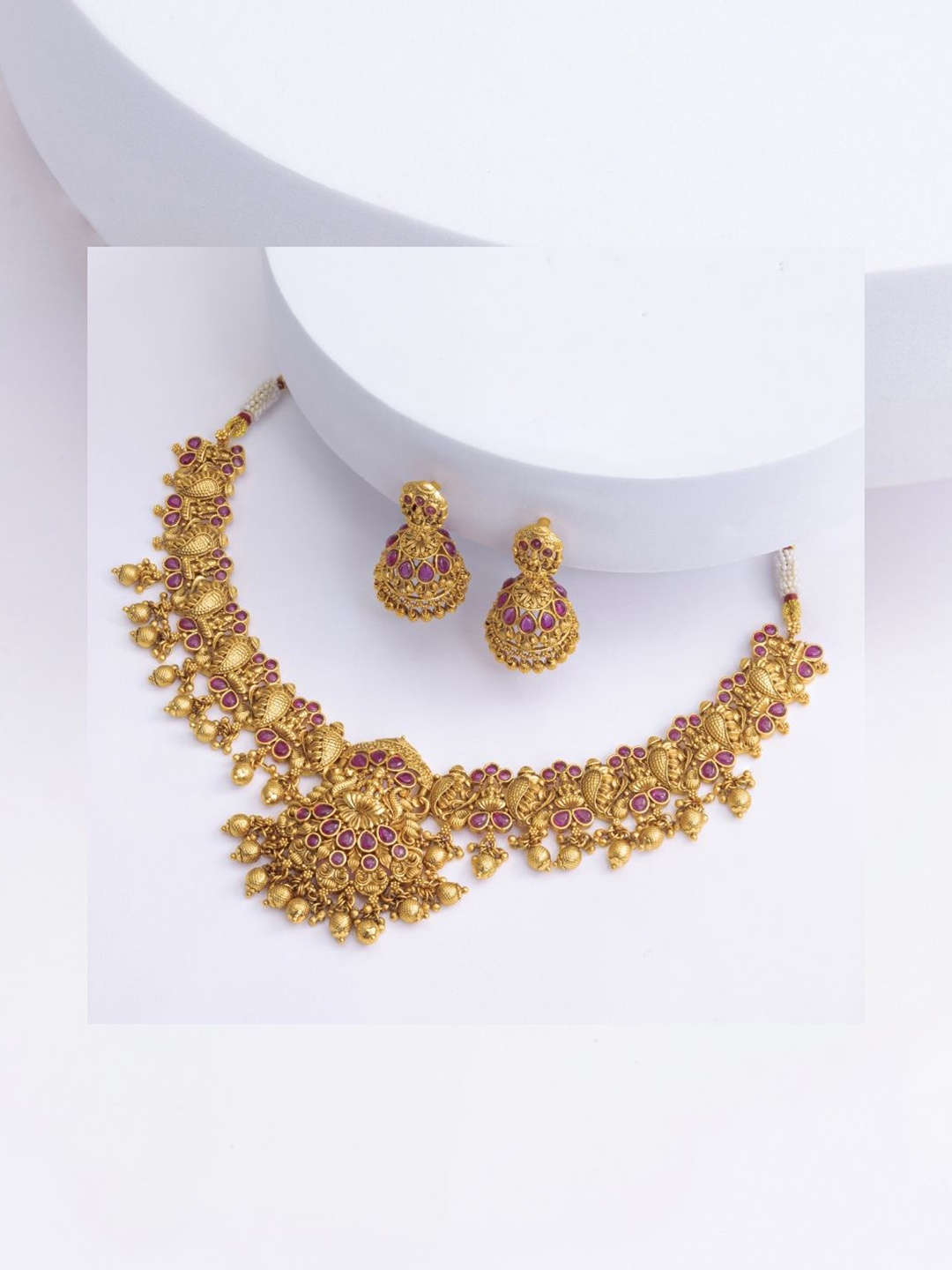 

South Temple Jewellery Gold-Plated Artificial Stones Studded & Beaded Jewellery Set