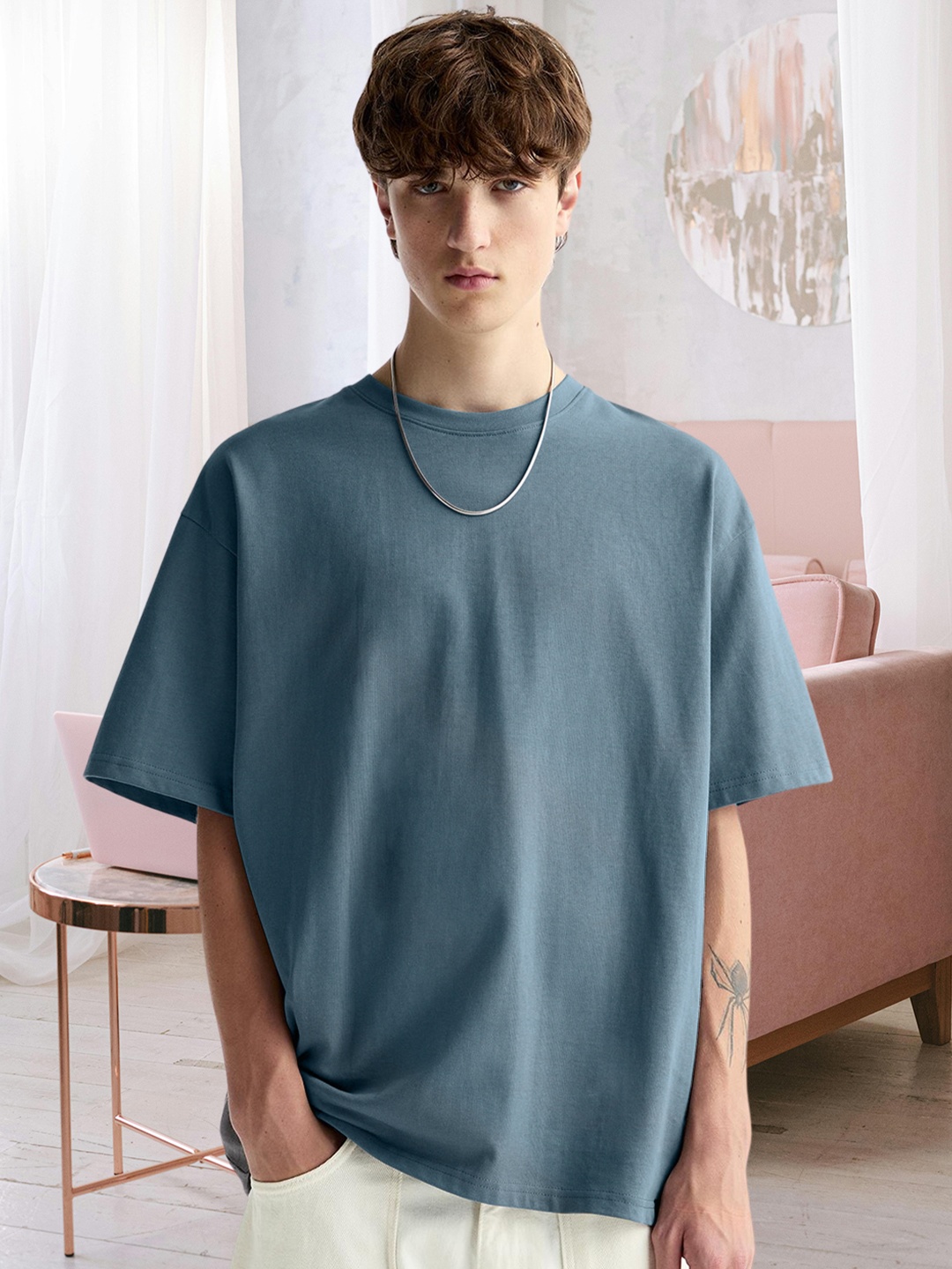 

PRONK Men Solid Round Neck Cotton Oversized T-shirt, Teal