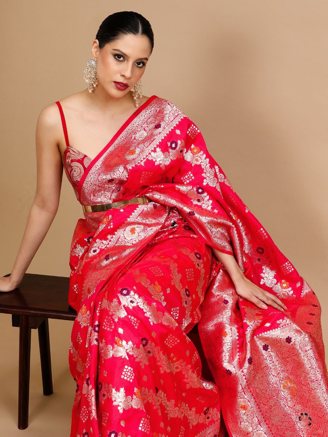 

House of Pataudi Ethnic Motifs Woven Design Banarasi Saree, Pink
