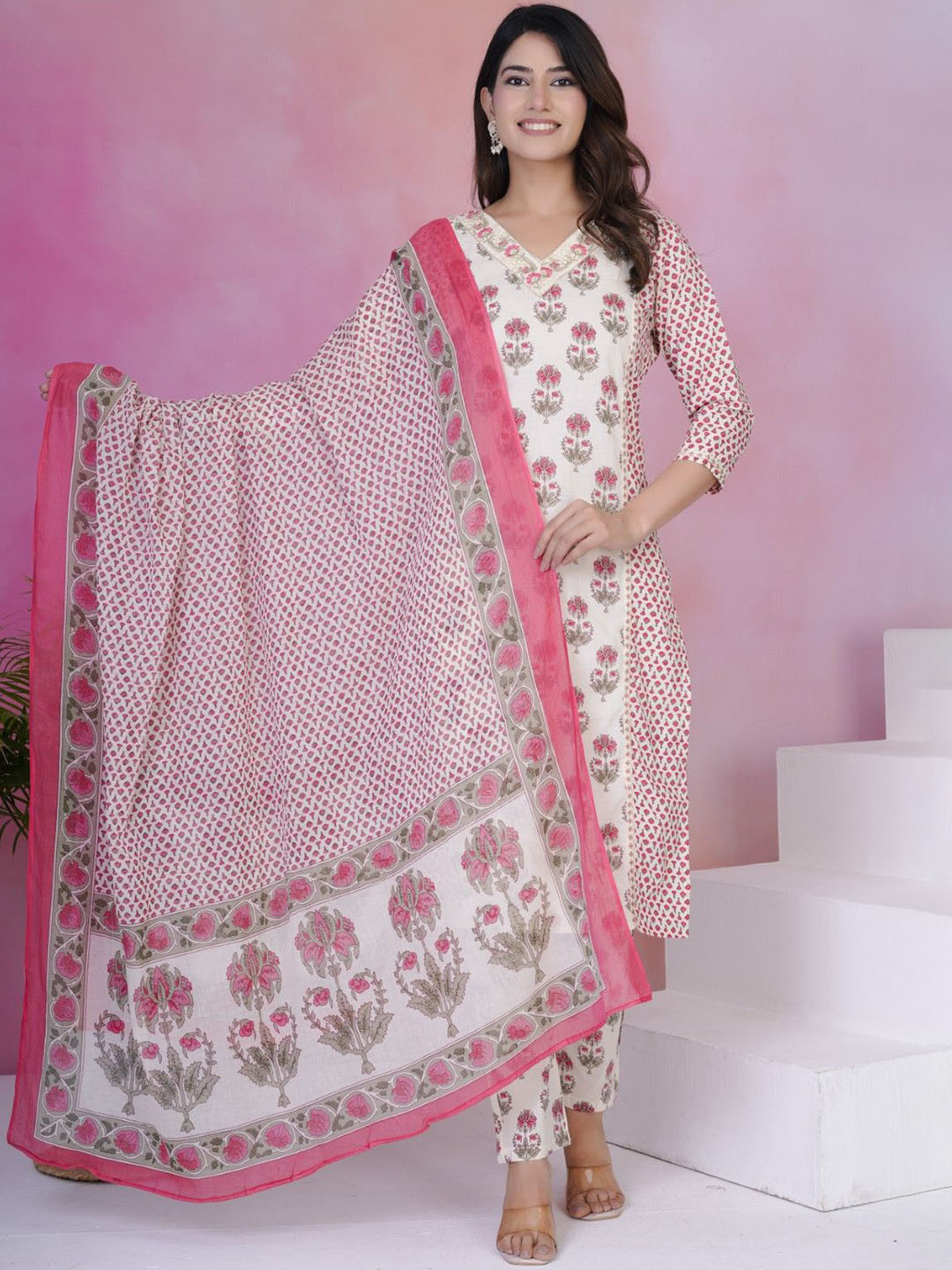 

AUTUMN LANE Floral Printed V-Neck Straight Pure Cotton Kurta With Trousers And Dupatta, White