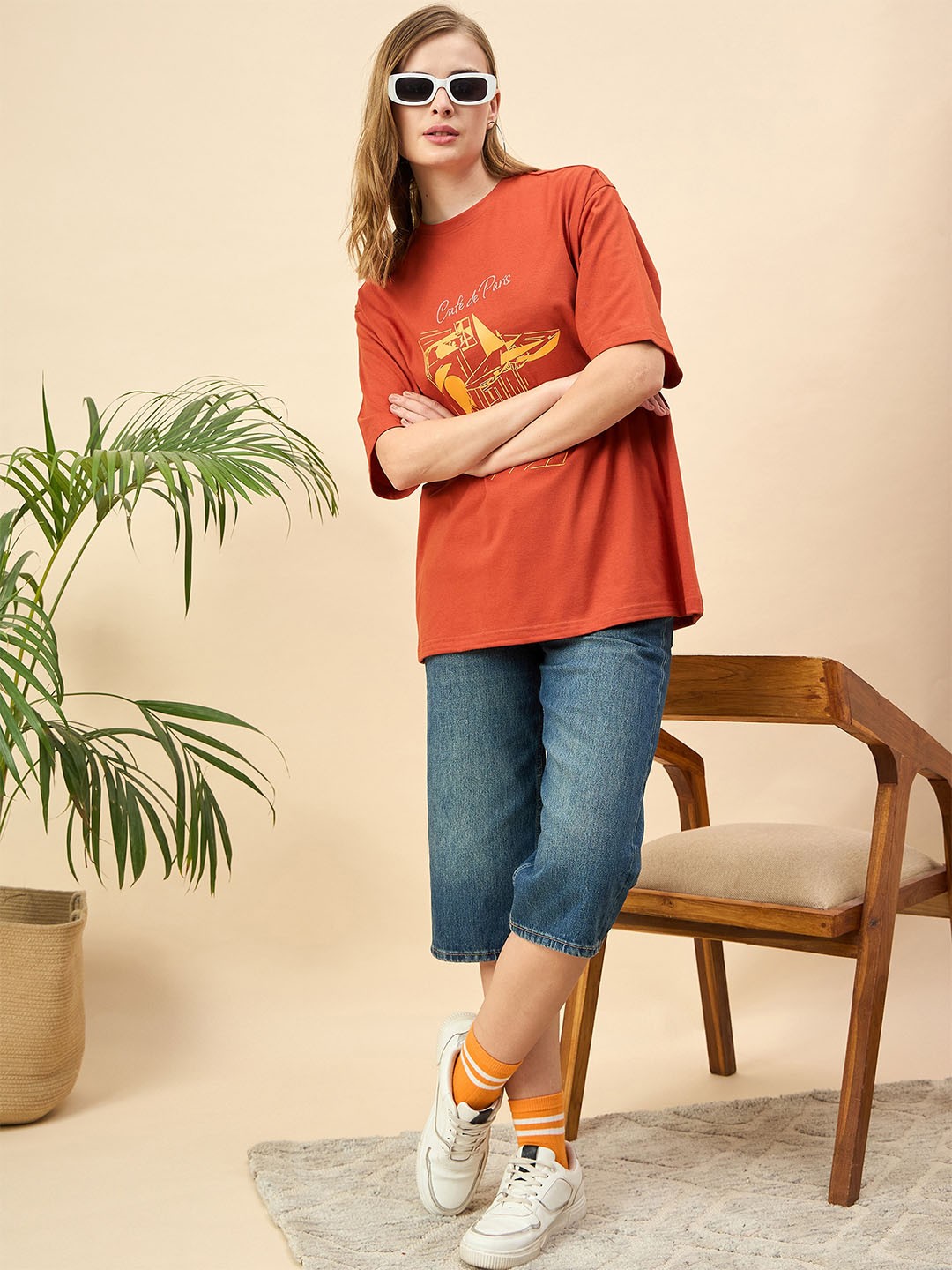 

Mast & Harbour Women Printed Drop-Shoulder Sleeves T-shirt, Orange
