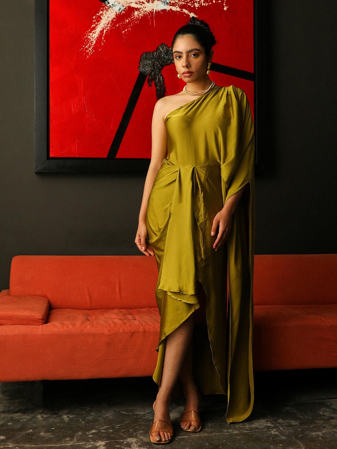 

4427 clothing One Shoulder Satin Maxi Dress, Olive